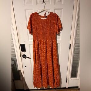 Chic Orange Maxi Dress with White Dots